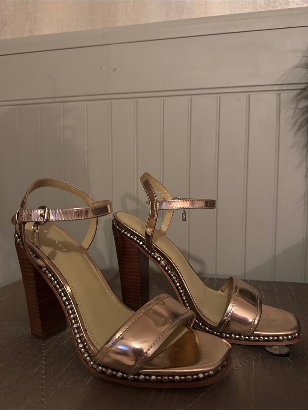 Coach Metallic Rose Gold Block Heel Sandals with Studded Trim